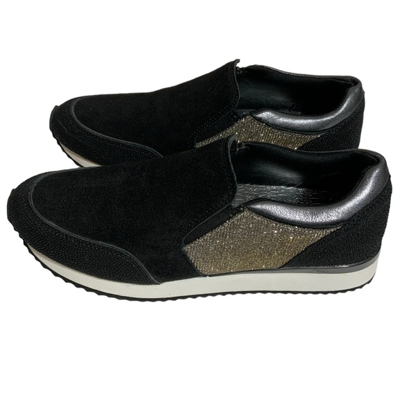 KARL LAGERFELD Giselle Black Leather Slip On Sneaker Black Suede Bling Shoes 7.5 - Picture 3 of 8